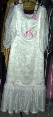 White dress/pink ribbon. Victoriana Society.